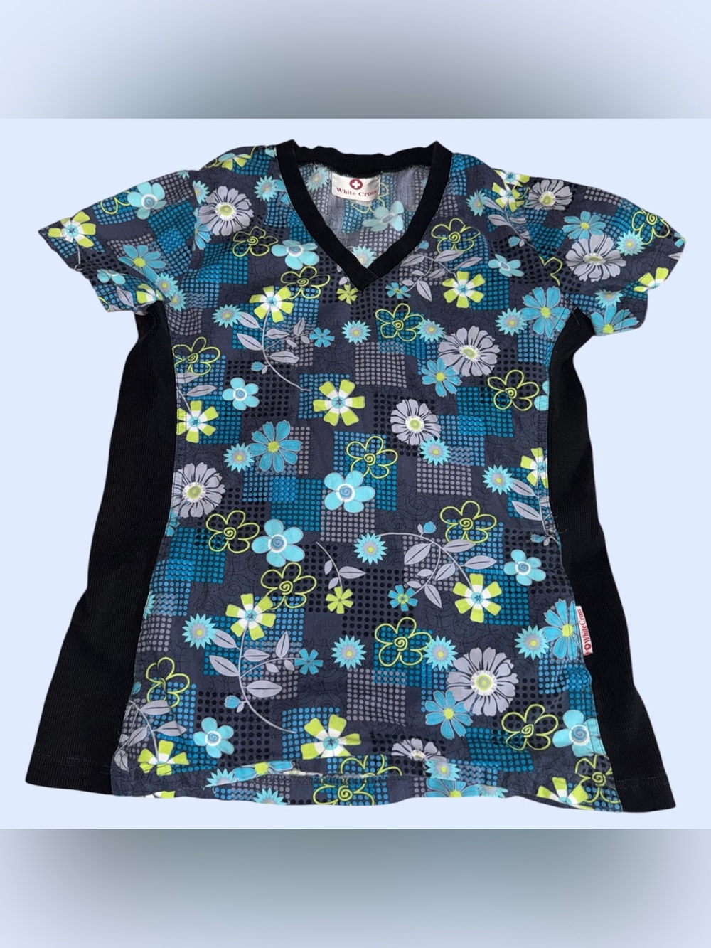White Cross Y2K Floral Print Scrub Top V-Neck Blue & Green